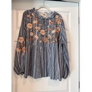 Savanna Jane Embroidered Babydoll Top Bell Sleeve Peplum Boho Tunic 3X